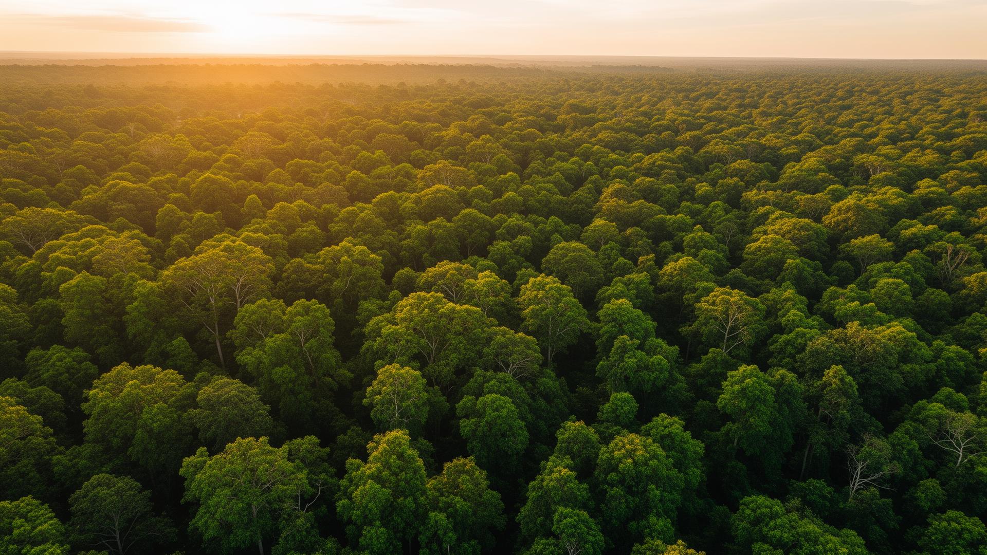 Endless green forest canopy at sunrise